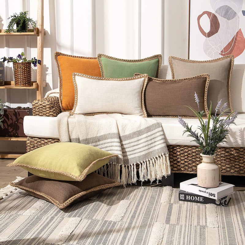 Phantoscope Farmhouse Throw Decorative Pillow Cover Burlap Linen Trimmed Tailored Edges Outdoor Pillow Geometric-Pattern Coffee 12 x 20 inches, 30 x 50 cm - Image 5